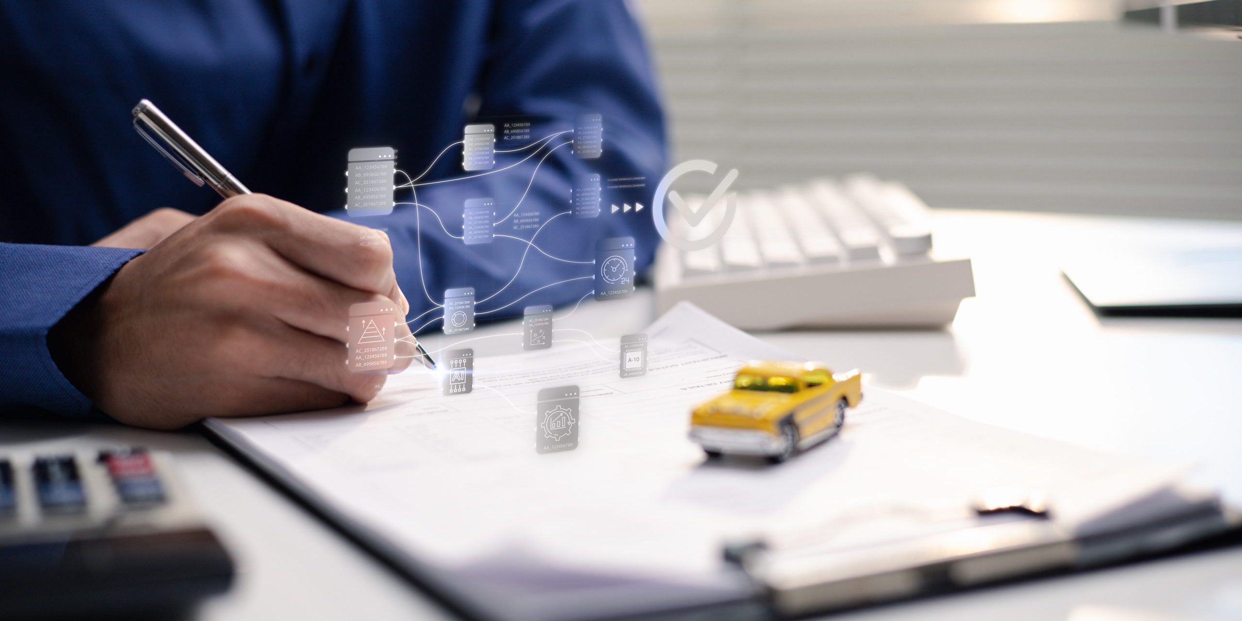 Insurance professional reviews a vehicle claim with a digital workflow overlay. A flowchart and approval check mark represent automated claims processing, risk assessment and car insurance approval.